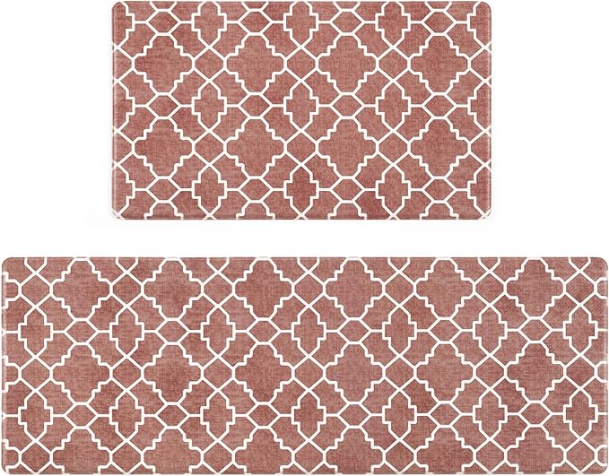 FRESHMINT Kitchen Mat Set of 2, Anti-Fatigue Cushioned Kitchen Mats for Floor, Waterproof Non Slip Comfort Standing Mat, Boho Kitchen Rug for Kitchen Decor, Sink, Office, 17"x30"+17"x47", Terracotta
