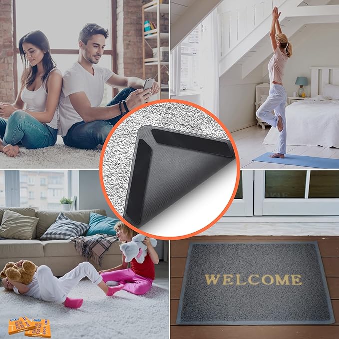 ZONGOOL 8 PCS Rug Tape Non Slip – Reusable Washable Rug Grippers for Hardwood Floors, Double Sided Rug Pads to Prevent Sliding & Curling, No Floor Damage, Rental Friendly, Black