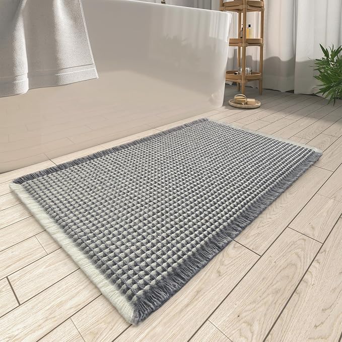 AMOAMI Upgraded Waffle Bath Mat, Super Absorbent Non Slip Bath Mats for Bathroom Floor, Washable Bathroom Rugs with Tassels, Rubber Backed Bathroom Mats, Ultra Soft, 20" x 32", Dark Grey & Cream