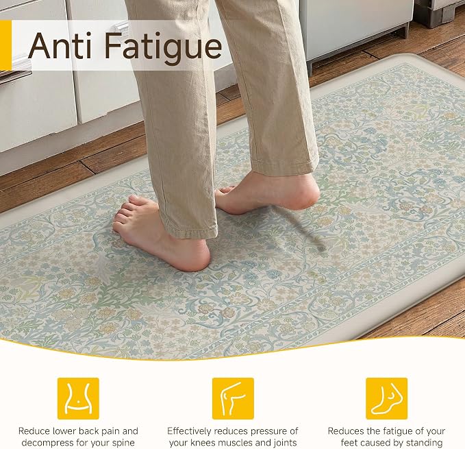 Kitchen Mats for Floor Thick Anti Fatigue Waterproof Vintage Spring Floral Kitchen Rugs 2PCS Cushioned Non Blue Comfort Standing Mats for Sink Laundry Office 17.3"×47"+17.3"×30"
