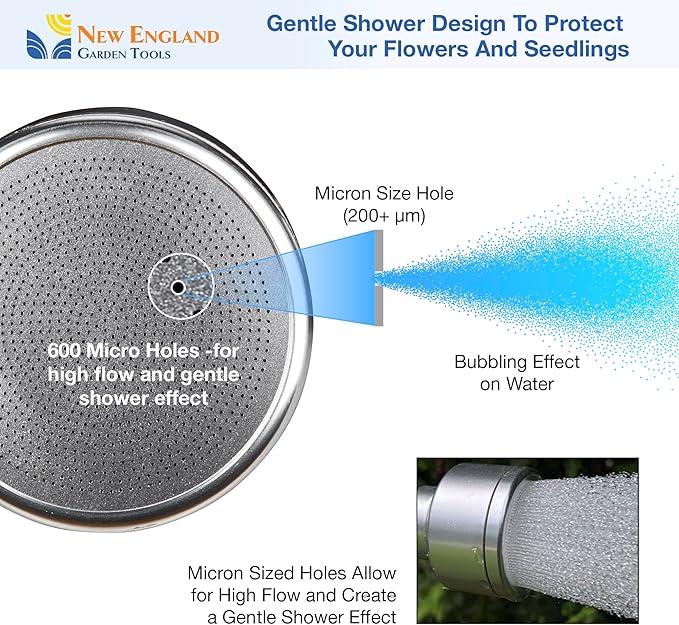 30 Inch Soft Rain Watering Wand 600003, Gentle Shower Spray, Heavy Duty Lightweight Metal Build, Comfort Grip, Flow Control Shut Off Valve, for Plants, Yards, Cars & Pets, by New England Garden Tools