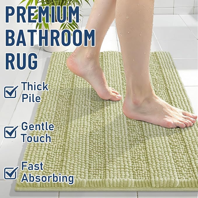Grandaily Chenille Striped Bathroom Rugs 44x24, Extra Thick and Soft Absorbent Bath Mats, Rubber Backing, Plush Shaggy Shower Carpet, Machine Wash Dry, Bath Rug for Bathroom, Vanilla