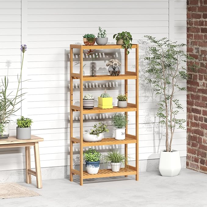 kinbor 5-Tier Bamboo Bathroon Shelf - Multifunctional Bamboo Rack Storage Shelving Rack Utility Shelf for Bathroom Kitchen Living Room