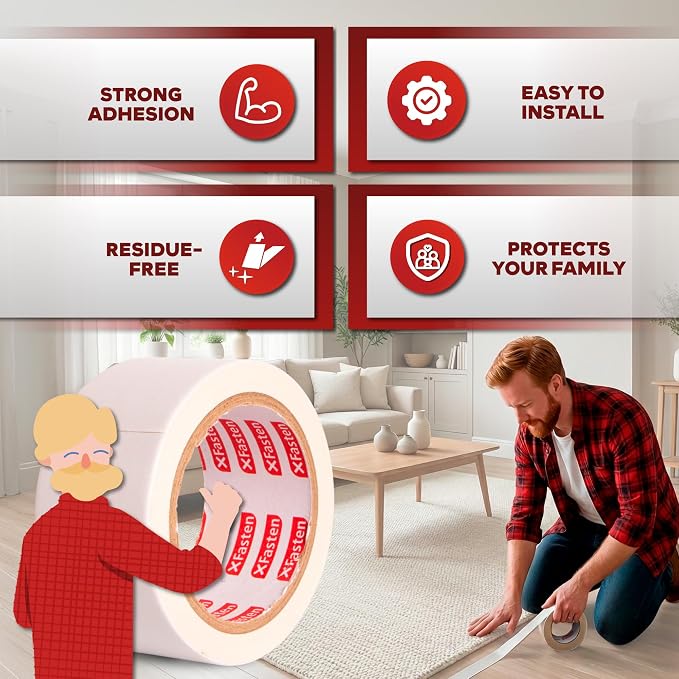 XFasten Double Sided Carpet Tape for Area Rugs, 2 Inch x 10 Yards 1-Inch Core – Heavy Duty Anti Slip Rug Grip Tape, Works as Rug Gripper, Wood Safe, Easy Removal for Hardwood and Laminate Floors