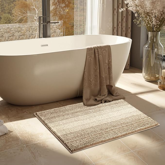 BSICPRO Bath Mat Rug for Bathroom Non Slip 17 x 24 Inches Water Absorbent Chenille Floor Mats Machine Washable (Tan)