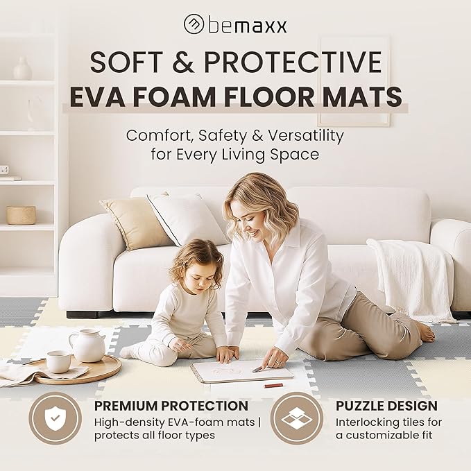 bemaxx Gym Mats Set - 18 pcs EVA Interlocking Foam Floor Tiles (12.6"x12.6"x0.4") 18sqft Protective Gym Flooring Sports Home Workout Exercise Mats Puzzle Garage Fitness Play-Room Pool Treadmill Bike