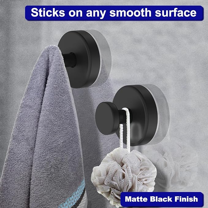 Suction Cup Hooks for Shower, Removable Towel Hooks for Bathroom Window Glass Door Wall, Bath Robe Looafh Hook for Hanging - 4 Pack, Black
