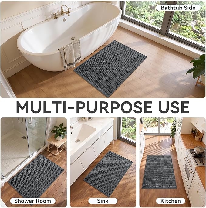 Bathroom Rugs Mat Quick Dry Absorbent Non Slip Bath Mat Bath Mats for Bathtub Mat Bathroom Carpet Fit Under Door Washable Floor Bath Rugs Dark Grey 16x24-2pc