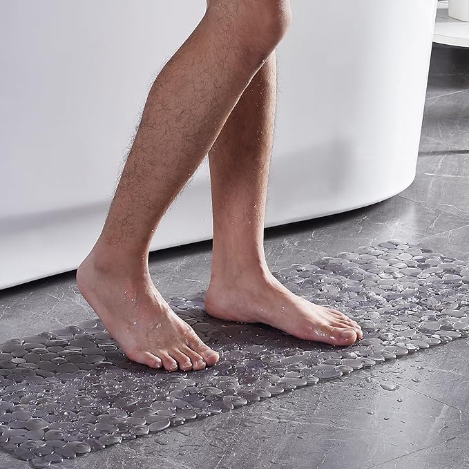 Webos Bath Shower Mat Non Slip: Extra Large Pebble Bathtub mat for Families, Anti Slip Shower Matt with Drain Holes Suction Cups Tub Mat - 16 X 40 Inch Clear Grey