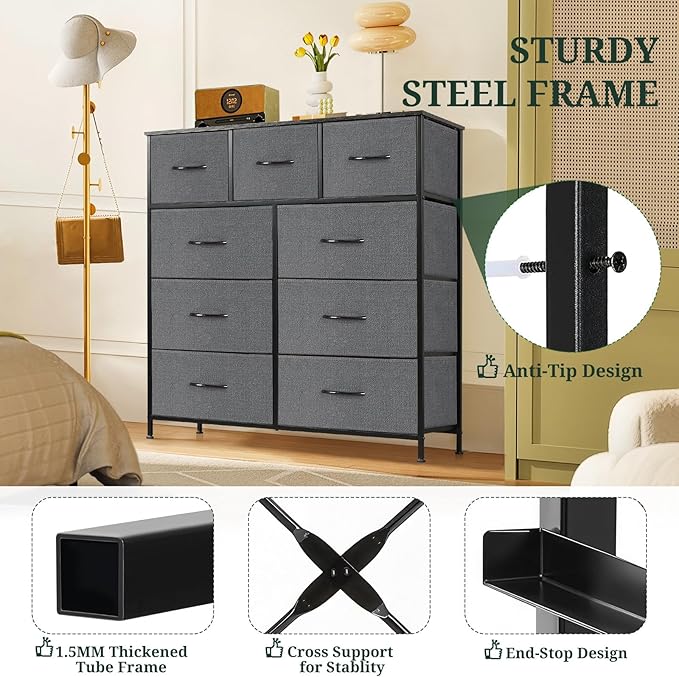 9-Drawer Dresser for Bedroom, Anti-Tip Tall Storage Organizer Chest of Drawers with Wooden Top and Metal Frame Fabric Bins for Closet, Living Room, Hallway, Entryway, Gray