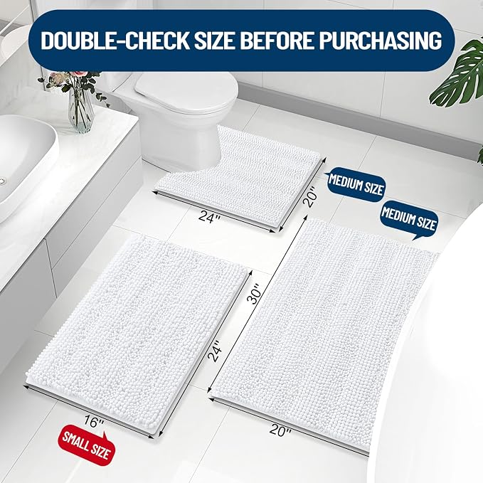 Grandaily Chenille Striped Bathroom Rugs 47x32, Extra Thick and Absorbent Bath Mats, Non-Slip Soft Plush Shaggy Shower Carpet, Machine Wash Dry, Bath Rug for Bathroom, White