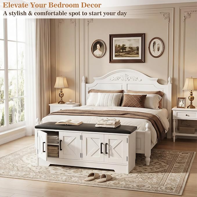 Farmhouse Shoe Storage Bench with Cushion - 43.3" Entryway Bench with Storage & 4 Barn Doors, 2-Tier Wooden Shoe Rack Bench, Hidden Shoe Cabinet & Mudroom Bench for Bedroom Hallway Living Room, White