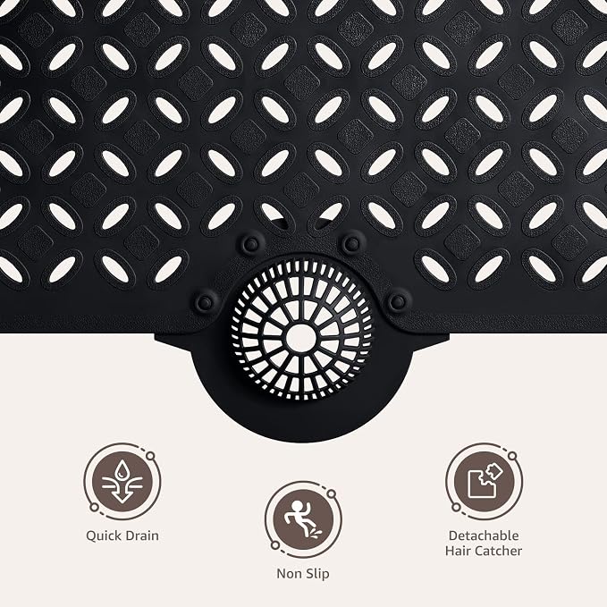 OTHWAY Bath Mat for Tub Non Slip: 39" X 17" Long Bathtub Mat with Hair Catcher│Big Drain Holes Shower Mats for Inside Shower│Machine Washable (Black)