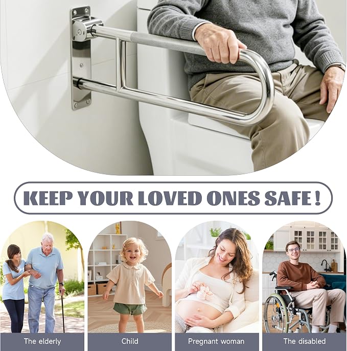 30.3 Inch Toilet Grab Bar, HUAS Chrome Anti Slip Bathroom Toilet Safety Rails, U Shaped Flip-Up Handicap Grab Bars w/Paper Holder, Stainless Steel Support Handrail for Elderly Disabled Senior