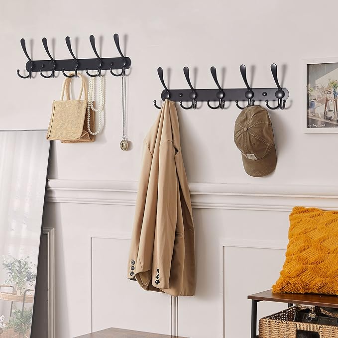 Dseap Coat Rack Wall Mounted - 5 Tri Hooks, Heavy Duty, Stainless Steel, Metal Coat Hook Rail for Coat Hat Towel Purse Robes Mudroom Bathroom Entryway,Black