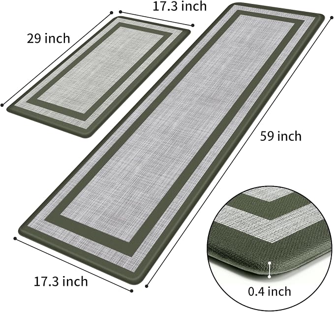 Mattitude Kitchen Mats Set of 2 Cushioned Rugs Anti-Fatigue Mats for Kitchen Floor,Waterproof Non-Slip Mats and Rugs Set for Office,Floor,Laundry 17.3"×29"+17.3"×59",Green