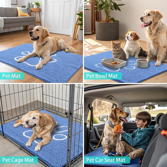 Smiry Dog Door Mat for Muddy Paws, Absorbent Dirt Trapper Non Slip Quick Dry Washable Chenille Mat for Mud Dogs, Entry Rug for Indoor and Outdoor (40x32 Inches, Cornflower Blue and White)