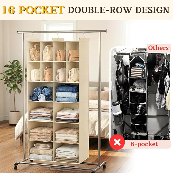 Ofiray-home 6 Tier Hanging Closet Organizer, 16 Compartments Sweater Organizer for Closet with 3 Sturdy Hooks, Closet Organizers and Storage, Wardrobe, Rv, Garment Rack, Beige