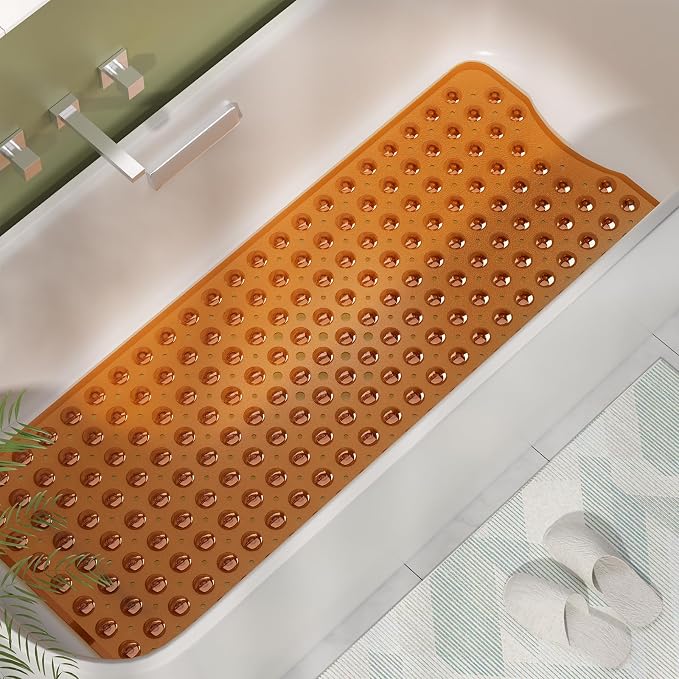 AmazerBath Shower Mat Non Slip 40 x 16 Inches, Shower Stall Mats with Suction Cups and Drain Holes, Non Slip Bath Mat for Tub for Elderly & Kids, Clear Brown