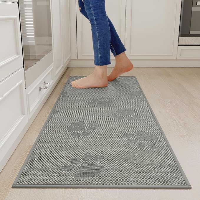 YDKGL Kitchen Mats for Floor, Super Absorbent Kitchen Rugs Non Slip Washable, Rubber Backing Soft Woven Linen Embroidery Runner Rug, Standing Mat Kitchen Sink Mat, Easy to Clean, Gray 17x47