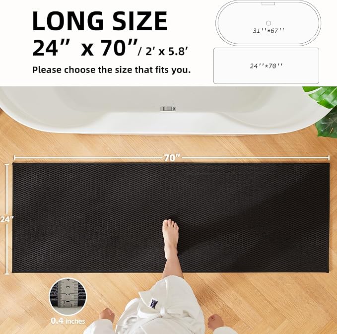 TYUU Black Bathroom Runner Rugs, Long Bath Mat Runner Washable Thin Quick Dry Low Pile Bathroom Runner Rugs Non Slip, Black 24''x70''