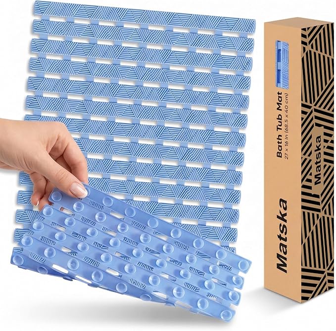 Non Slip Bathtub Mat - Shower Mats for Inside Shower, Rectangular PVC Tub Mat with 200+ Suction Cups for Safety, 27x16 Inch, Pastel Blue