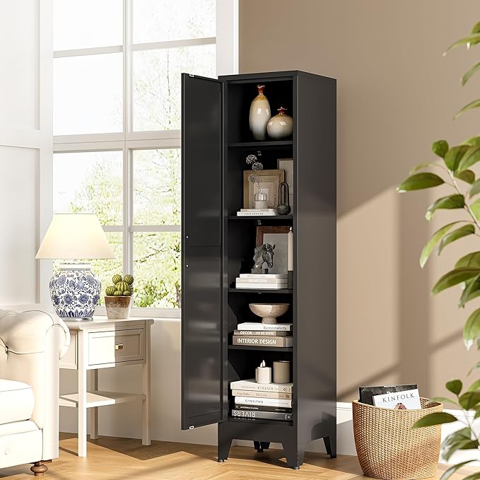 Bevivog Tall Narrow Storage Cabinet, 67" Single Door Metal Storage Locker Cabinet, Freestanding Tall Kitchen Pantry Cabinets for Small Space