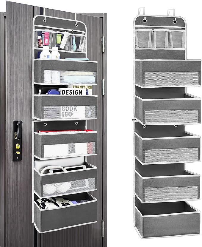 Easy Assembly Over The Door Organizer, 6 Shelves& 10 Side Pockets, Heavy-Duty Reinforced Mesh Rack Holds 44lb, Hanging Behind Door Storage for Bathroom Pantry, Nursery, Closet, Shoes, Towels-Dark Grey