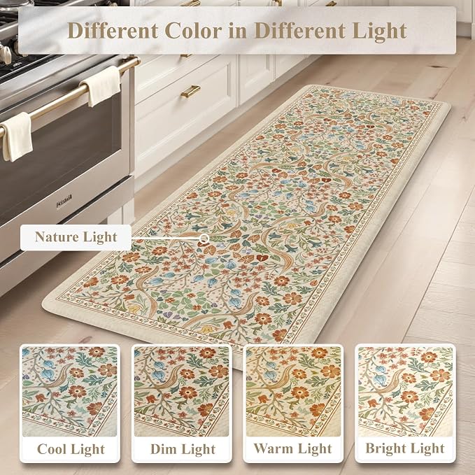 Collive Anti Fatigue Mats for Kitchen Floor, Waterproof Non Skid Kitchen Rugs Sets of 2 Beige Vintage Floral Rug, Foam Comfort Standing Mat for Office, Sink, Laundry