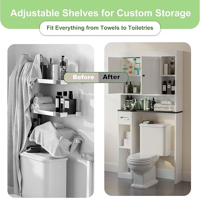 Over The Toilet Storage Cabinet with 7 Shelves, Imitation Walnut Grain Above Toilet Bathroom Organizer with Toilet Paper Holder Stand, Space Saver for Restroom, Laundry, Bathroom (White)