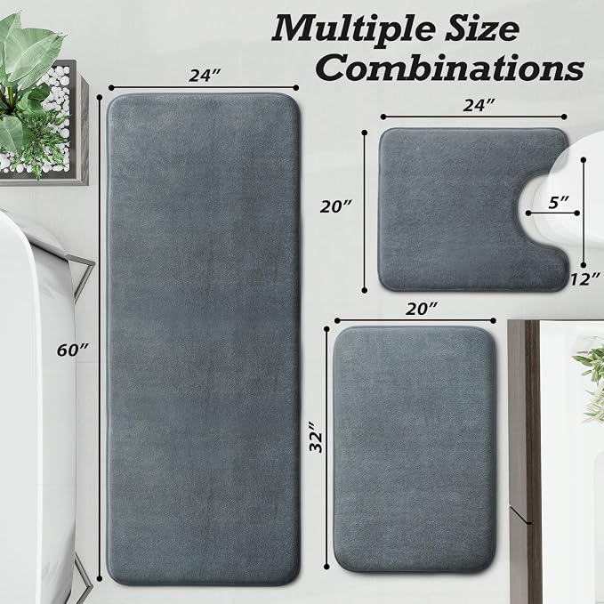 HUXMEYSON Bathroom Rugs Sets 3 Piece, Non-Slip & Quick Dry Bath Mat Set, Ultra Soft Velvet Bath Rugs for Bathroom, Toilet and Shower Floor, Grey