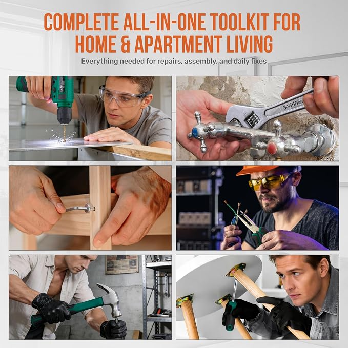 Hi-Spec 8V USB Power Drill Driver and Complete Home Tool Kit Set. Cordless & Rechargeable Electric Drill Driver and Compact Hand Toolbox Set, Green