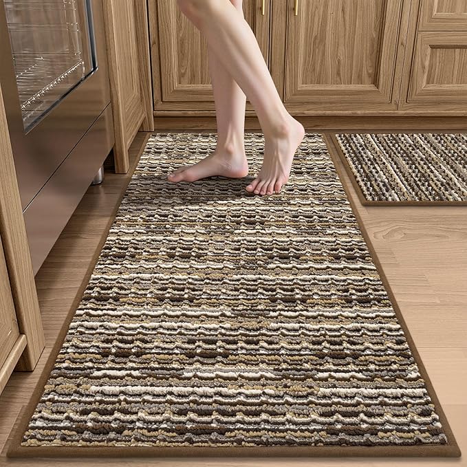 Kitchen Rugs Sets of 2-Non Slip Kitchen Mats for Floor-Thick Stain Resistant Vintage Kitchen Floor Mat Runner Carpet for Hallways Entryway Laundry Room Washable（Brown 20"x47"+20"x32"）