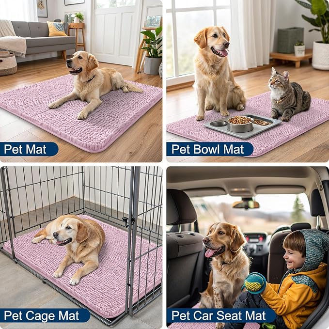 Smiry Dog Door Mat for Muddy Paws 40x32, Absorbent Dirt Trapper, Non-Slip Washable Chenille Entryway Rug for Inside Floor, Dusty Rose, Classic Solid