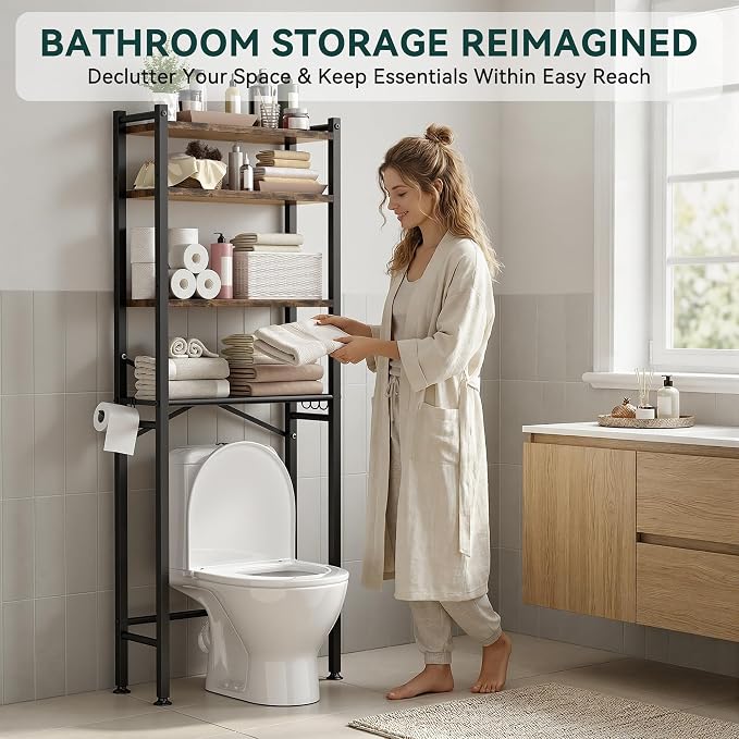 GloTika 4-Tier Over The Toilet Storage with Paper Holder and 4 Hooks - Metal Over Toilet Bathroom Organizer Shelf, Freestanding Bathroom Cabinet for Laundry/Living Room (69.3" H, Black Brown)