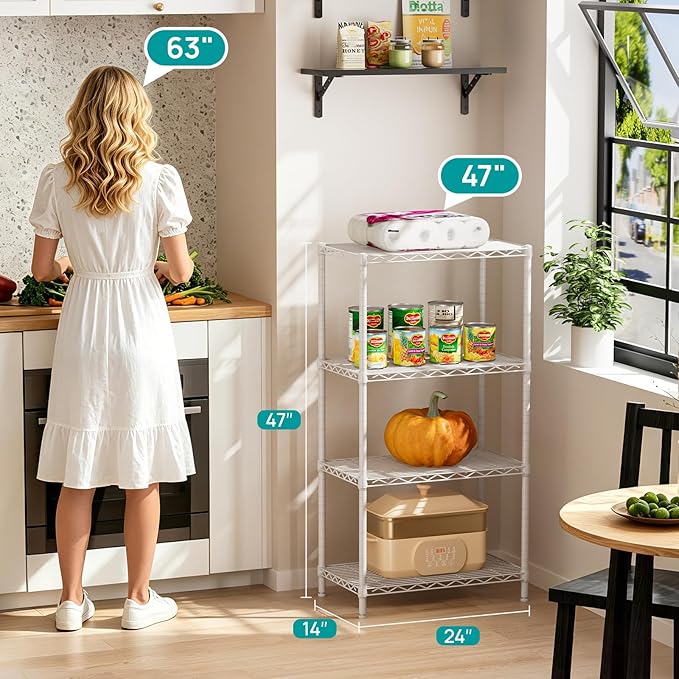 SINGAYE Shelf Wire Shelving Adjustable Storage Shelves Rack Standing Units for Kitchen Closet Laundry Bathroom Organizers Metal Pantry Narrow Mesh Gaps 14" D x 24" W x 48" H White