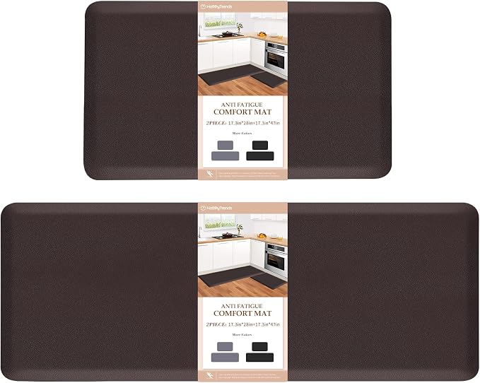 HappyTrends 2 PCS Kitchen Mat Cushioned Anti-Fatigue Floor Mat, Heavy Duty Ergonomic Comfort Foam Standing Mat, Waterproof Non-Slip Kitchen Rugs for Home, Office(17.3"x28"+17.3"x47",Chocolate)