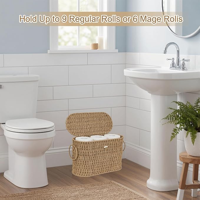 efluky Toilet Paper Storage Basket, Paper Rope Slim Toilet Paper Holder with Lid- Holds Up to 9 Mega Rolls, Home Bathroom Decor Organizer