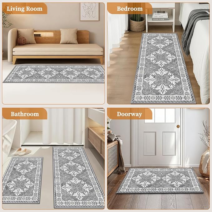 3-Piece Kitchen Rugs, Non-Slip & Washable Floor Mats, Water-Absorbent Area Pad, Standing Desk Mat for Office, Home, Doorway, Laundry, Kitchen Accessories (Light Grey)