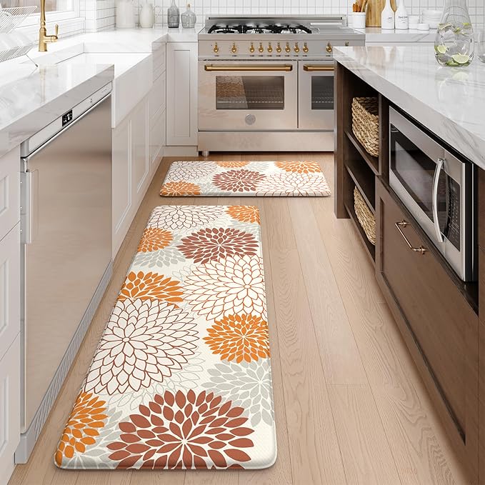 KIMODE Kitchen Mats for Floor Anti Fatigue, 17"x47"+17"x29" Dahlia Floral Kitchen Floor Mats,Farmhouse Kitchen Rugs Non Slip Cushioned, Comfort Standing Desk Mat for Sink, Laundry, Desk Orange