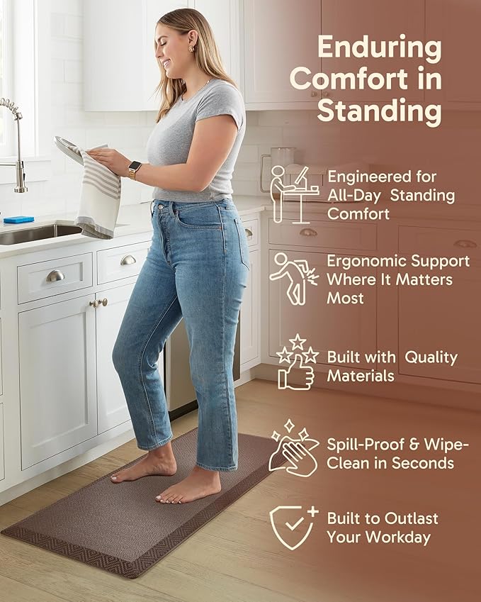 Ophanie Kitchen mats for Floor, 3/4 inch Thick, Kitchen Rugs, 20x48 Anti Fatigue Standing Cushioned Mat, Waterproof,Comfort Ergonomic mat for Office, Home, Sink, Brown Non-Slip Bottom