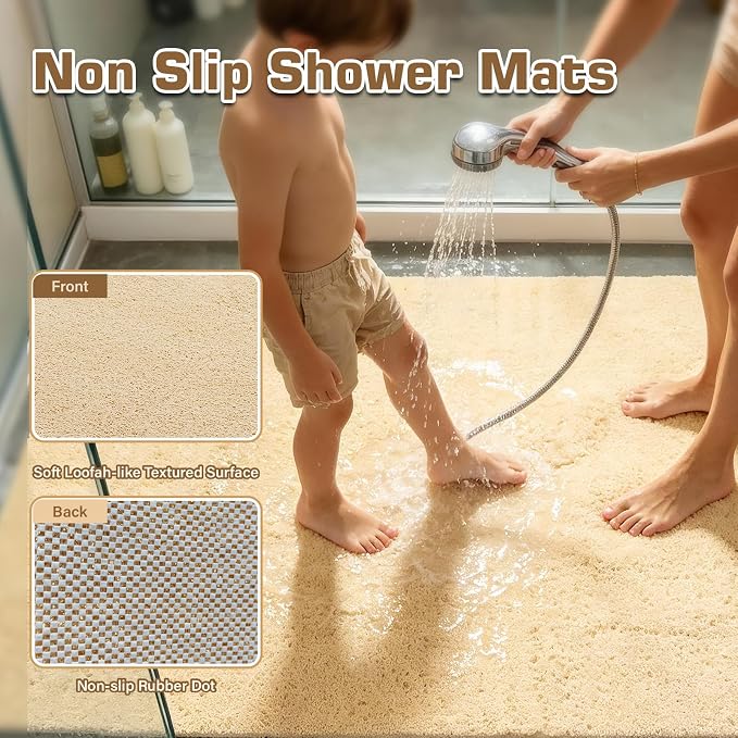 58x44 Extra Large Shower Mat, Anti Slip Shower Mats for Inside Shower, PVC Loofah Mats for Shower and Bathroom, Quick Drying, Beige