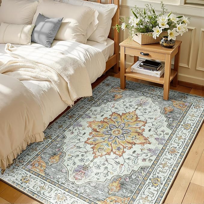 RELEANY Area Rugs 3'x5' Washable Non-Slip, Floral Vintage Distress Medallion Carpet for Living Room Bedroom Dining Room, Beige Carbon Grey Orange