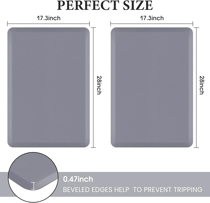 HappyTrends 2 PCS Kitchen Mat Cushioned Anti-Fatigue Floor Mat, Heavy Duty Ergonomic Comfort Foam Standing Mat, Waterproof Non-Slip Kitchen Rugs for Home, Office, Laundry,Grey