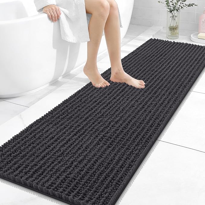 OLANLY Long Bathroom Rugs Runner 59x20, Thick Soft and Absorbent Chenille Bath Mat, Non-Slip, Machine Washable Quick Dry Bath Rugs for Tub Shower Floor, Home Decor Accessories, Dark Grey