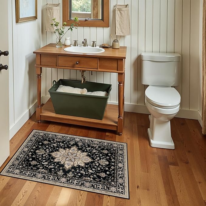 RELEANY Area Rugs Small 2'x3' Washable Non-Slip, Floral Vintage Distress Medallion Carpet for Kitchen Entryway Bathroom, Black Brown Neutral Dark Tan