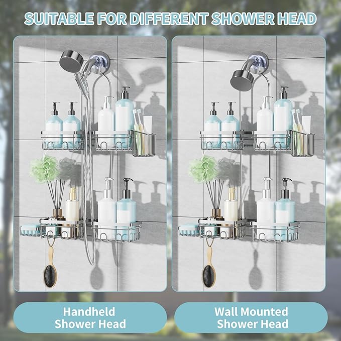KEGII Shower Caddy Hanging for Handheld Showerheads, Rustproof Hanging Shower Organizer with Soap Dish, Toothbrush Holder and Hooks, Over Showerhead Caddy for Bathroom, Silver