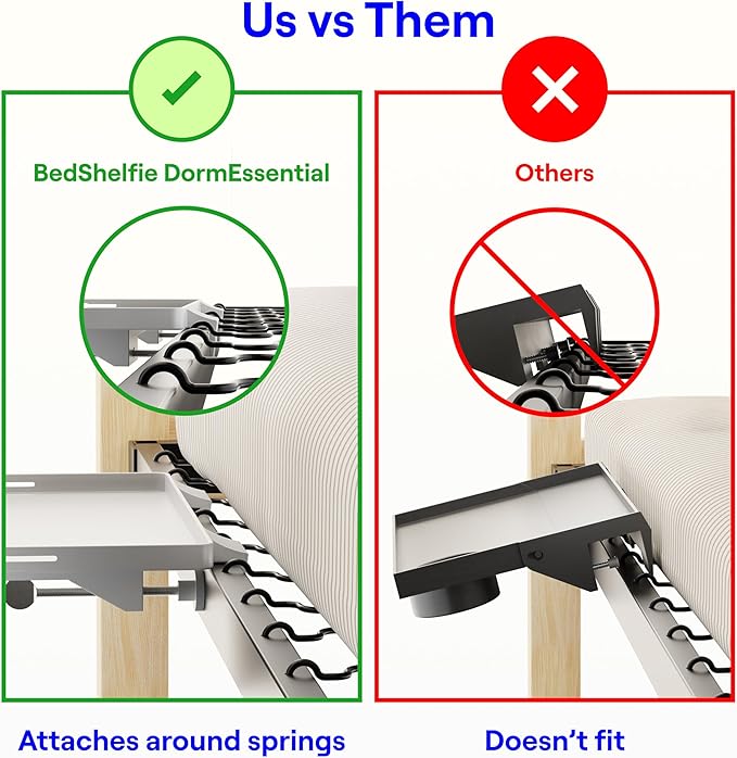 BedShelfie Bedside Shelf for Dorm Room Bunk Bed & Top Bunk, College Dorm Room Essentials, Bedside Caddy, Clip on Floating Tray, Bed Side Table Storage, Loft Nightstand Decor - Dorm Essential, White