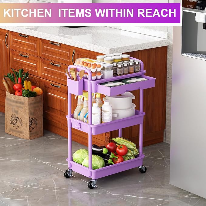 Goovilla 3 Tier Rolling Utility Cart Organizer with Removable Drawer, Stable and Sturdy Purple Rolling Storage Carts with 2 Lockable Wheels for Bathroom, Kitchen, Snack, Craft, Makeup, Baby Essentials