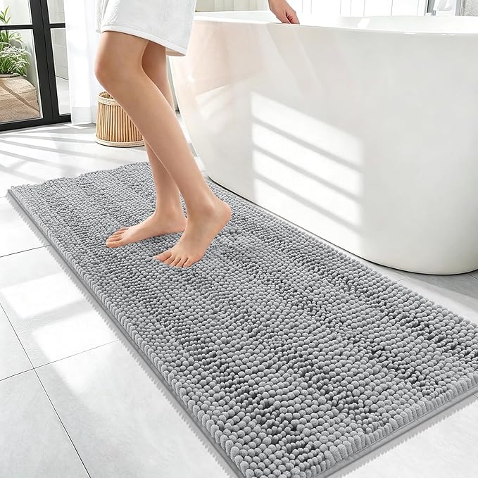 OLANLY Thick Bathroom Runner Rugs 47x17, Extra Absorbent Chenille Striped Bath Rugs, Rubber Backing, Machine Wash Dry, Long Bath Mats for Bathroom, Tub and Shower, Home Decor Accessories, Light Grey